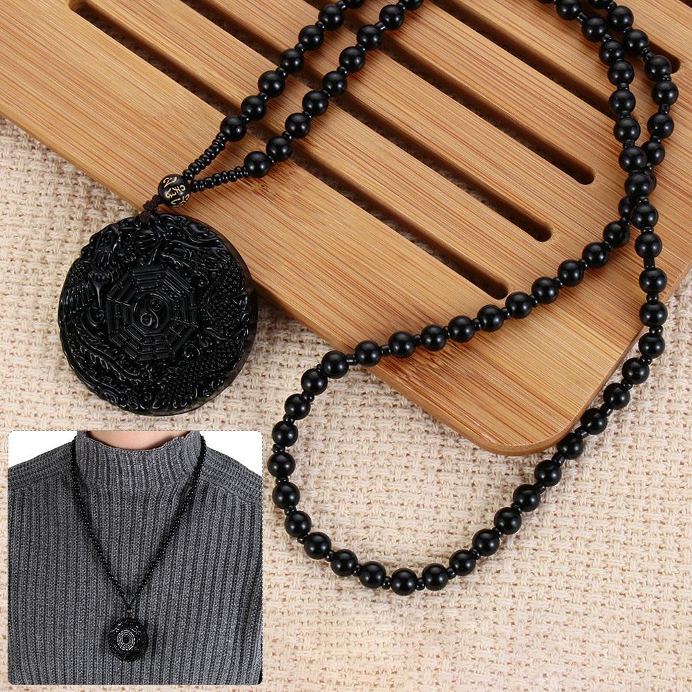 Новое мужское женское черное ожерелье ручной работы из дракона и феникса с резным узором из обсидиана BaGua, кулон на удачу
