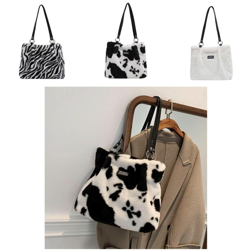 Cute Plush Cartoon Crossbody Bag Stylish Urban Large Tote Bag For Women In White And Striped Cow Print