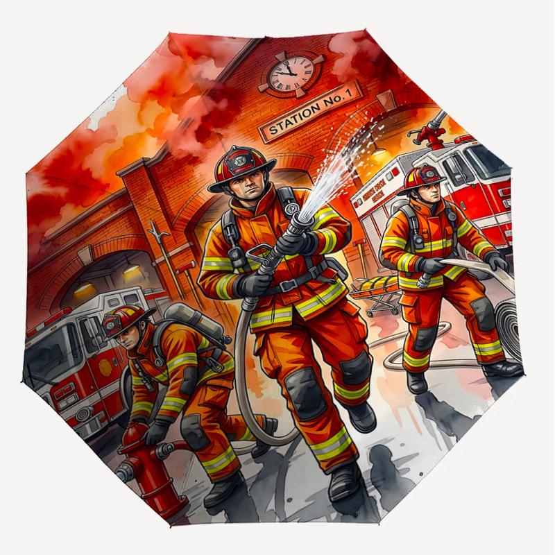 1PC Firefighter Station Umbrella-8-Rib Reinforced, Automatic Open, Lightweight & Durable, Fashion Accessory for Outdoor, H0328