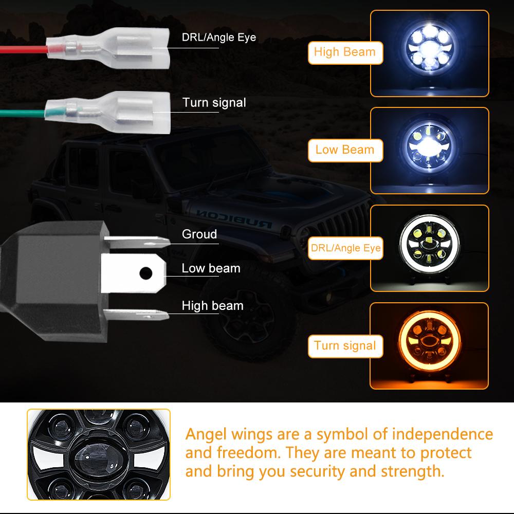 R9 Двойной ангельский глаз 7 дюймов H4 Светодиодная фара IP67 Водонепроницаемая Дальний/Ближний свет Автомобильная лампа для вождения с соединительным кабелем