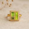 Baguette Cut Peridot Ring with Cubic Zirconia Halo – Gold Plated 925 Sterling Silver Geometric Cocktail Ring - Art Deco Jewelry Gift