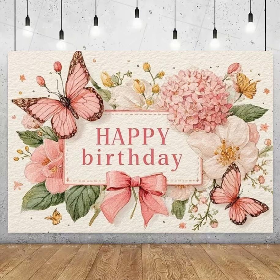 Pink Bow Theme Birthday Party Decoration Banner Girl Butterfly Bow Balloon Flowers Background Baby Shower Photo Supplies Gifts