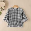 Женская летняя повседневная блузка с клетчатым принтом, круглым вырезом и рукавом до локтя