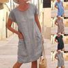 Women's Casual Solid Color Stitching Short Sleeve Round Neck Large Swing Loose Pocket Cotton And Linen Dress