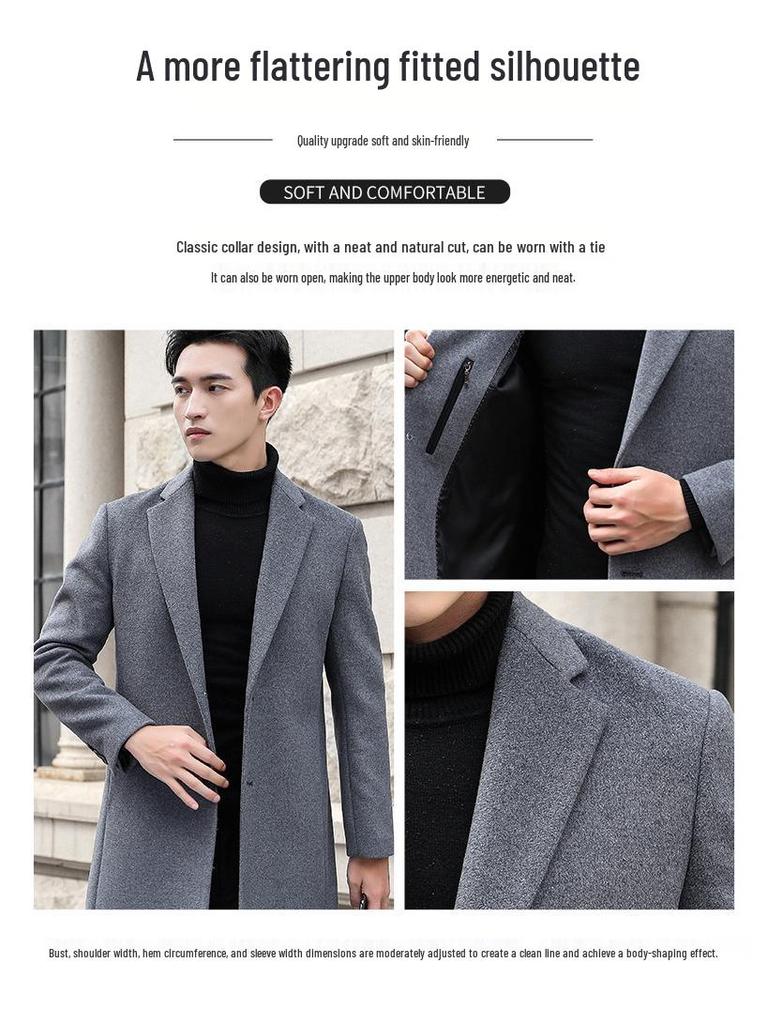Men's Mid-Length Wool Slim Fit Trench Coat