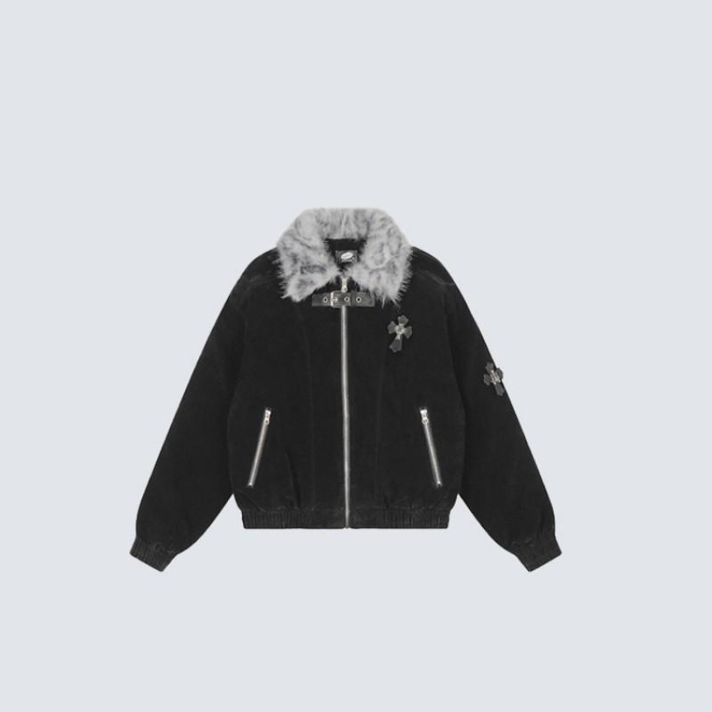 GY American Streetwear Leopard Fur Collar Padded Jacket Unisex Cross Patch Warm Winter Coat