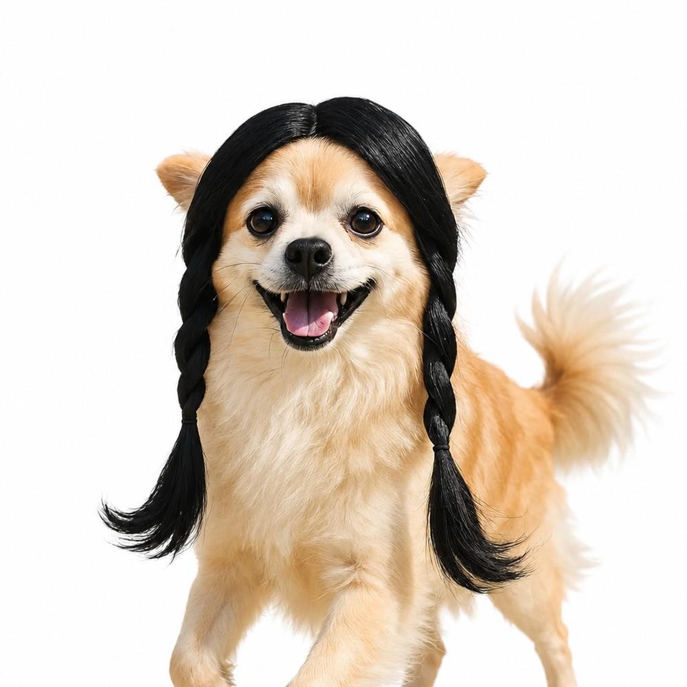 Black Twin Tails Pet Costume Wig Brown Curly Pet Hairpiece Funny Dog Wig Festival Dress-Up