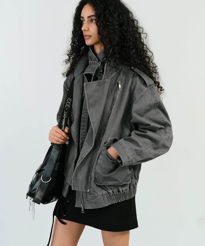 INSTANTFUNK Layered Collar Rider Jacket - Gray