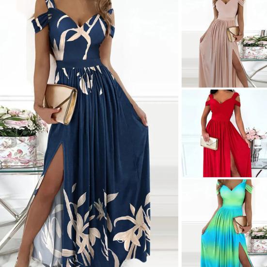 V-Neck Waist Tight Women Dress Hollow Sleeve Cold Shoulder Split Hem Gown Dress Female Clothing