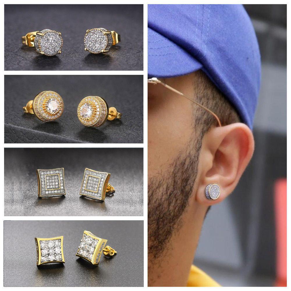 Men Trend Hip Hop Piercing Ear Accessories Gold Plated Gold Silver Zircon Earrings Diamond Ear Studs Studs Earrings Blinking