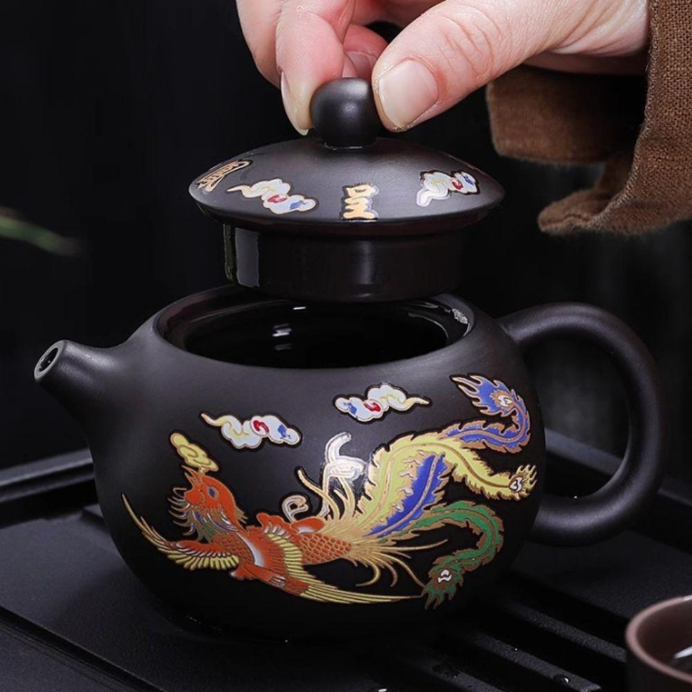 Hand-made Changes Color Purple Clay Teapot Dragons Phoenixs Pattern Tea Infuser  Living Room