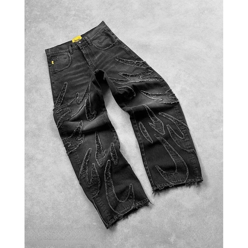 Джинсы Y2k в стиле хип-хоп, мешковатые для мужчин, состаренные, в стиле ретро, черные брюки с вышивкой, харадзюку, готические, широкие брюки, уличные брюки