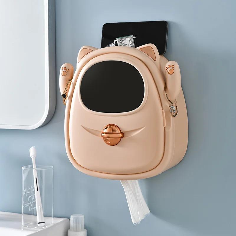 Cute Tissue Box Wholesale Wall Hanging Non Punching Roll Paper Suction Multifunctional Tissue Storage Box Tissue Holder