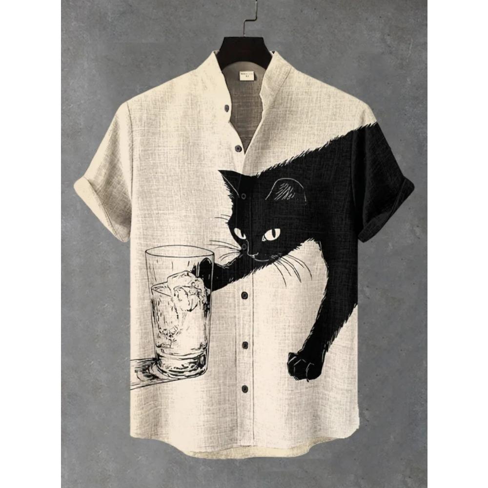 Men's Japanese Retro Art Black Cat Print Shirt Short Sleeve Stand up Collar Single Breasted Casual Linen Top for Vacation