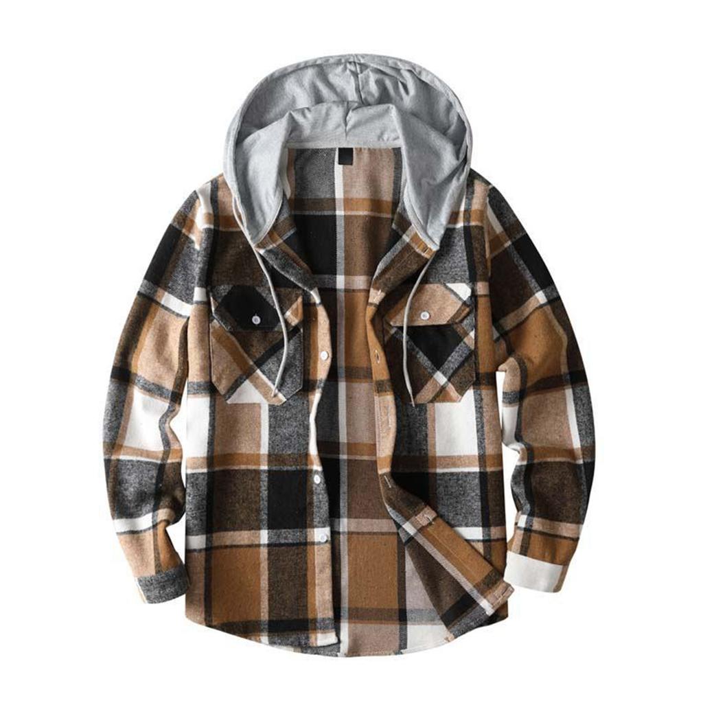 Men's Striped Plaid Casual Loose Button Lapel Long Sleeve Hooded Cardigan Shirt Jacket