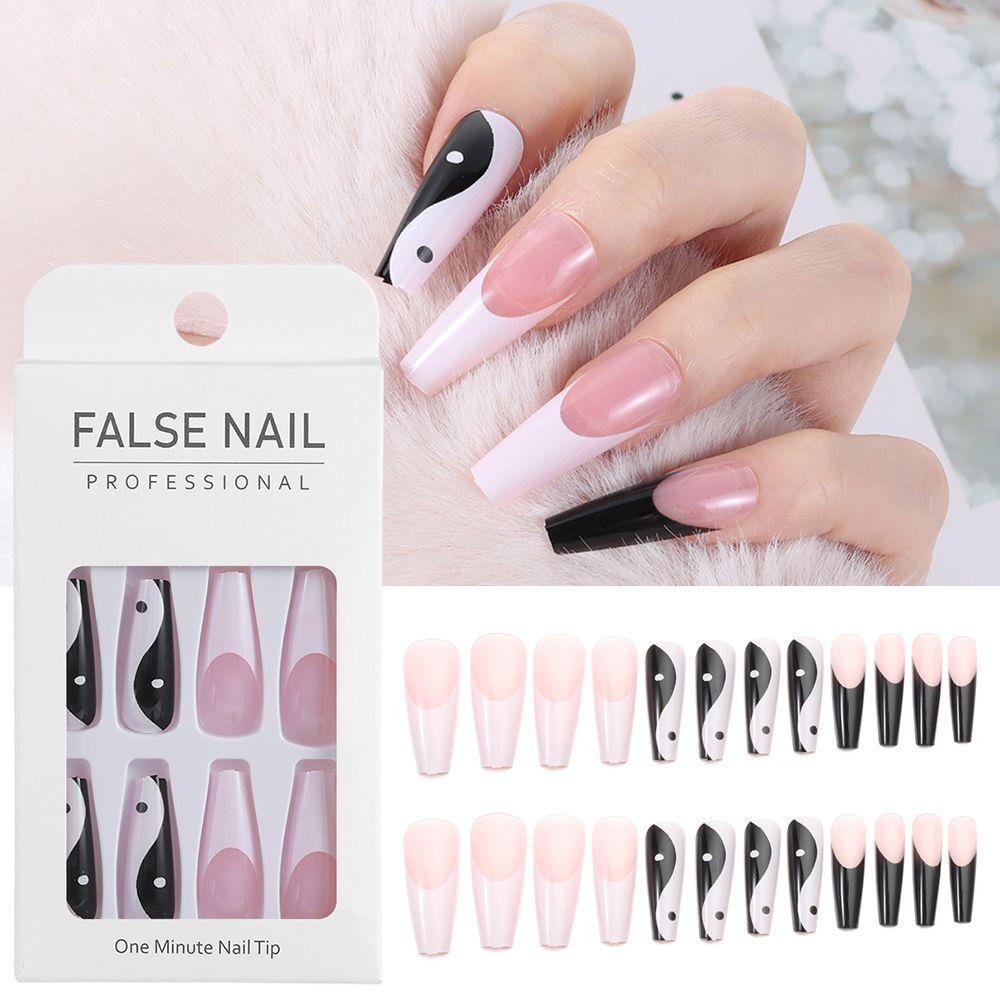 Fake Nails Ballerina with Taichi Design False Nail Tips Long Coffin White and Black Mixed Colors