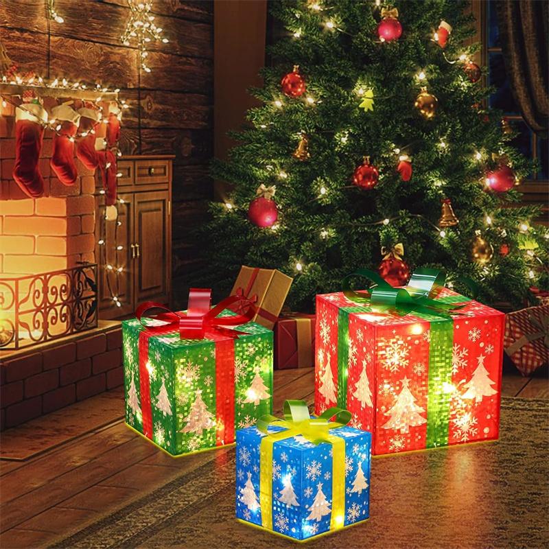 3PCS Lighted Gift Boxes Christmas Decorations Snowflake Present Boxes Christmas Home Gift Box for Indoor Home Yard Lawn Decor