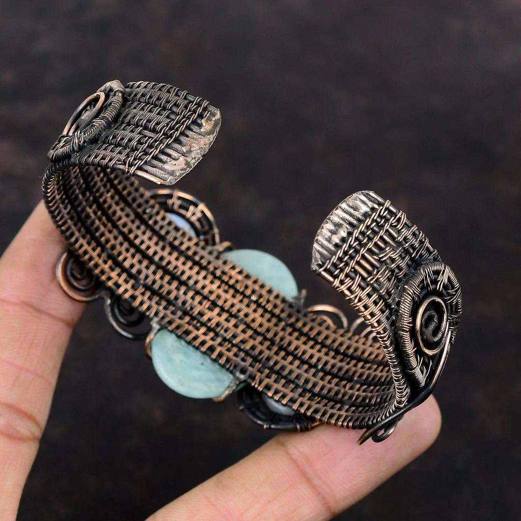 Браслет-манжета из драгоценного камня амазонит, медная проволока, браслет-манжета из радужного лунного камня, регулируемый браслет-манжета, ювелирные изделия ручной работы, подарок для женщин