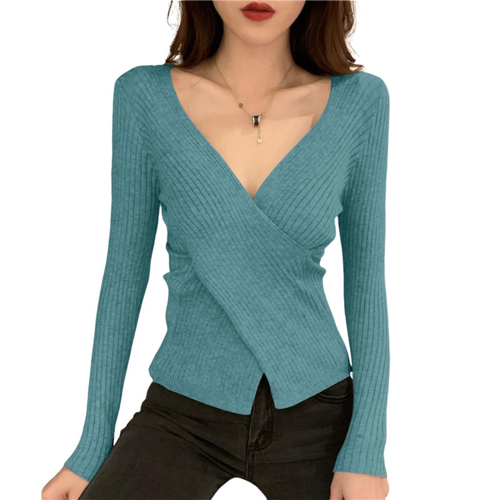 Women's V-neck Sweater Bottoming Shirt With Long Sleeves Cross-fitting Knitted Tights
