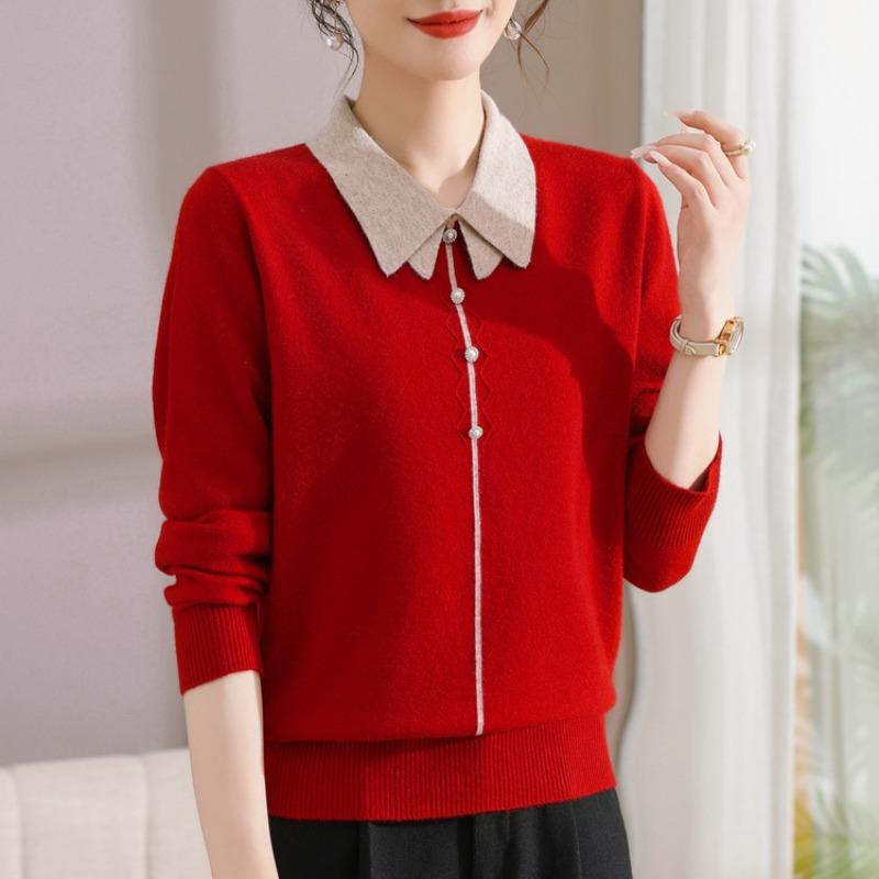 Mom Autumn Knitted Sweater Bottom Lapel New Top Medium and Old Women's Sweater Outer T-shirt Women