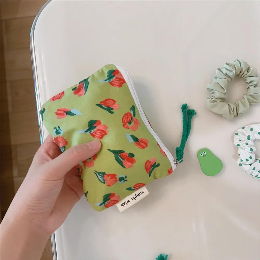 Милый кошелек для женщин, хлопковый кошелек для ключей, монет, мини-кошелек для монет для девочек, цветочный принт, помада, гигиеническая салфетка, органайзер, холщовые сумки на молнии