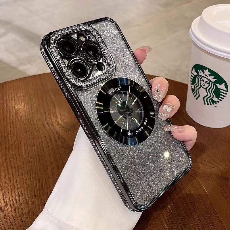 iPhone17 роскошный гальванизированный блестящий стразами для чехла мобильного телефона Apple 16Promax зеркальный магнитный держатель 15