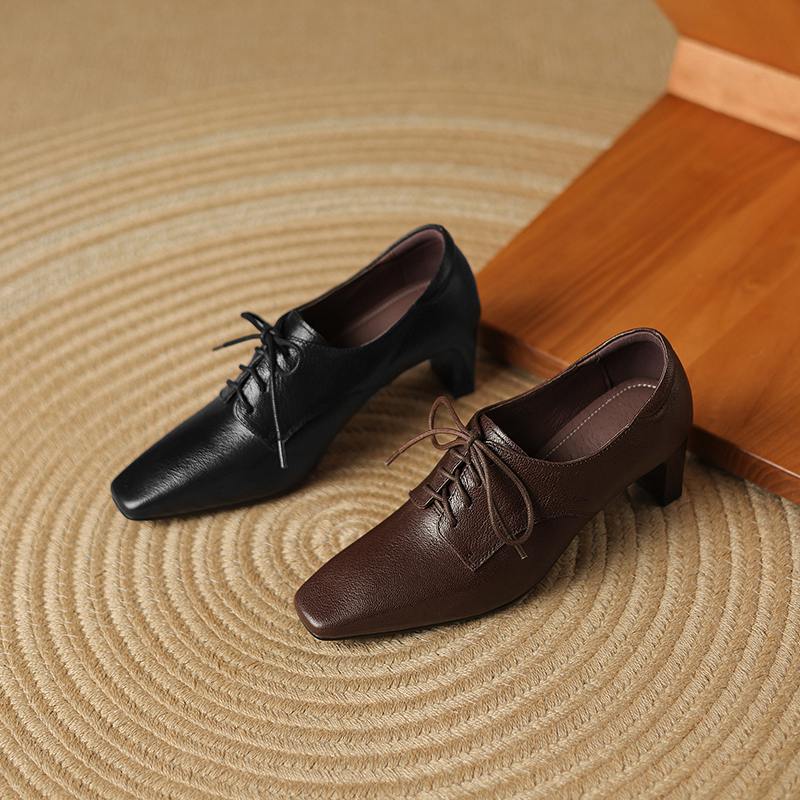 Krazing Pot Sheepskin Spring Summer Size 43 Size 42 Size 41 Chunky Heels Women Square Toe Office Lady Lace Up Pumps