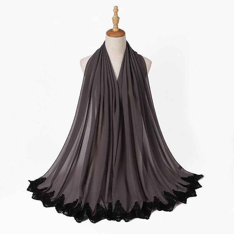 Новый жемчужный шифон Малайзия Мода Черные кружевные шарфы Мусульманский шаль Однотонный мягкий тюрбан Повязки на голову