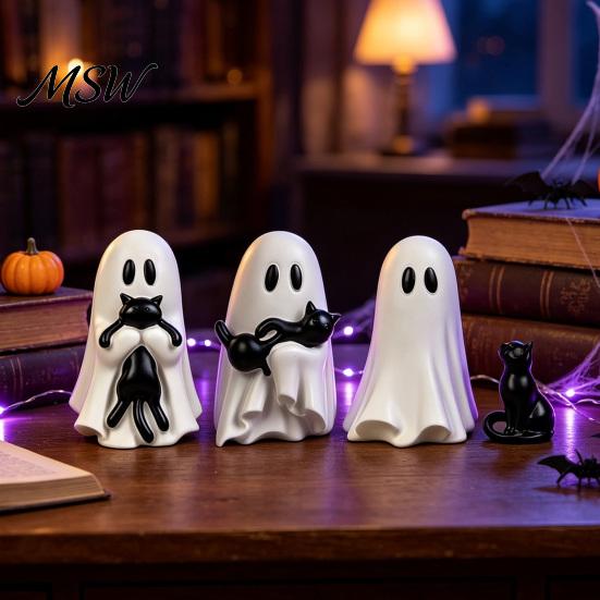 Cute Resin Ornament for Home Decor Halloween Ornament, Ghost Hugging A Black Cat Sculpture, Small Collectible Unique Figurine, Bedroom Entrance