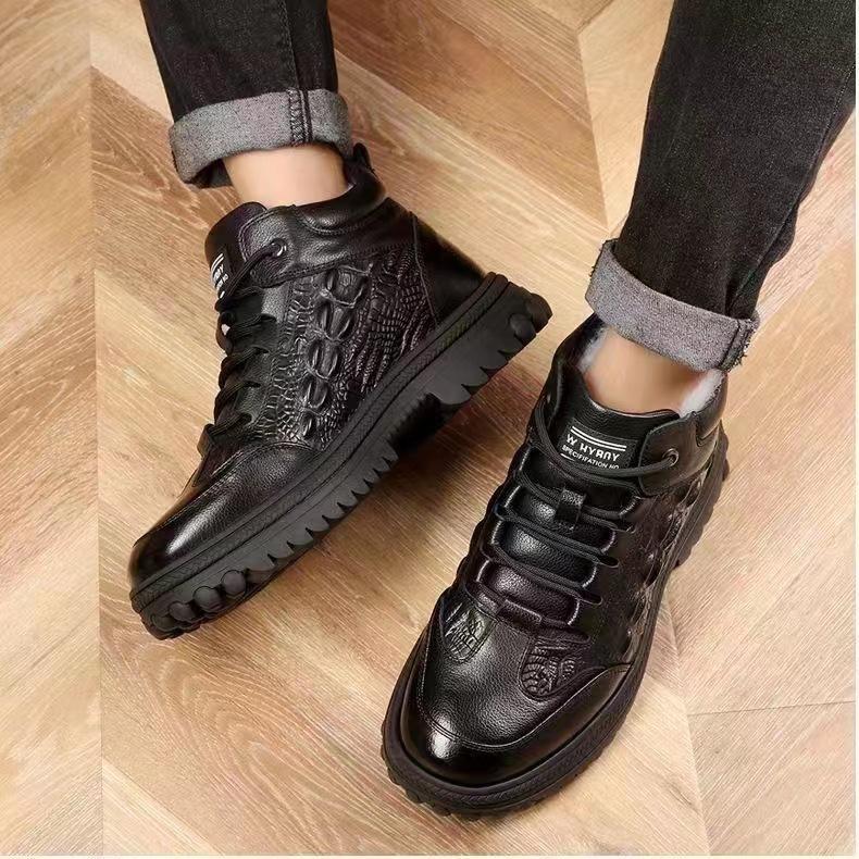 Winter new men's casual leather shoes medium-top Martin boots fashion trendy with velvet thickened cotton boots high-top men's shoes