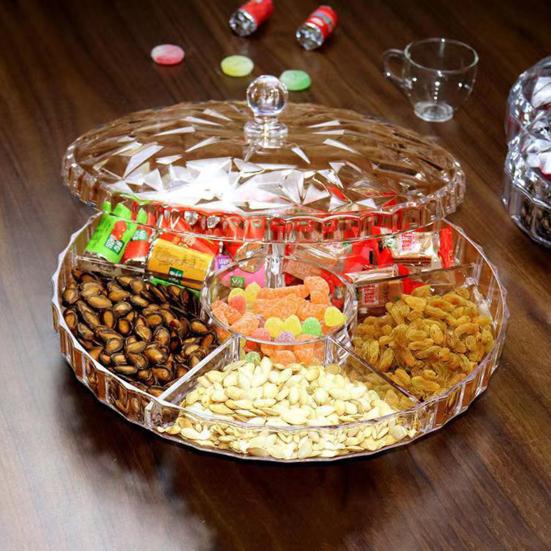 Поднос для закусок с крышкой, 6 отделений, пластиковый пыленепроницаемый, удобный в уходе круглый поднос для еды для сухофруктов