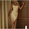 Платье с открытыми плечами и золотыми пайетками, сексуальное вечернее платье, весна 2025, новая женская одежда, модное однотонное платье без рукавов