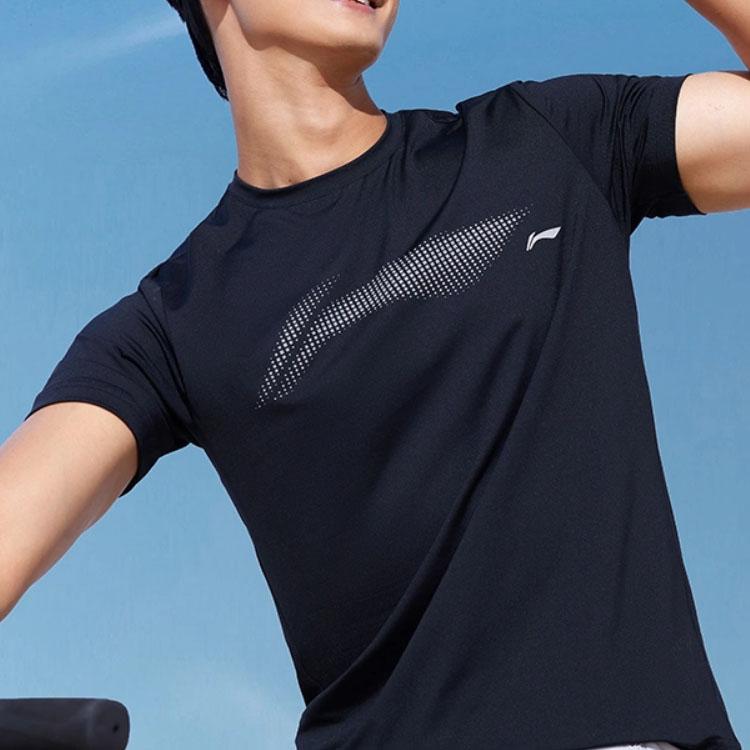 Li-Ning Мужская футболка Fitness Series с коротким рукавом и круглым вырезом, однотонная, черная ATST591-5