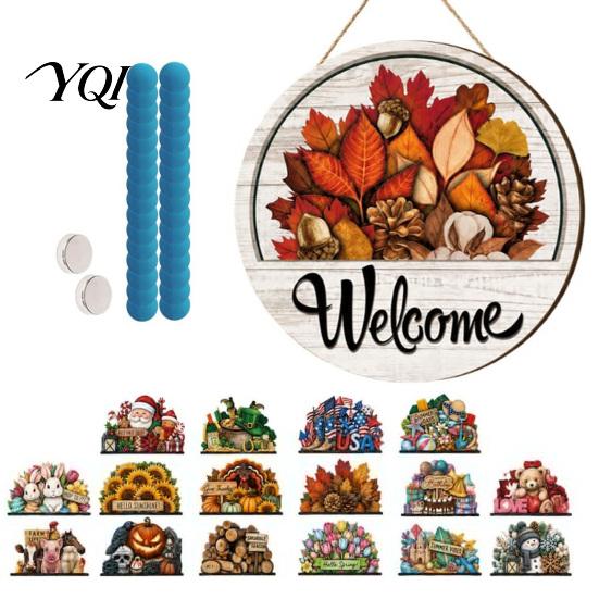 Rustic Wooden Welcome Sign for Home Interchangeable Sign, Seasonal Magnetic/Insert Icon Hanger, Front Door Farmhouse Round Wood Hanging Piece