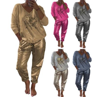2 шт./компл., женский топ, брюки, комплект с принтом глаз, длинными рукавами, V-образным вырезом, эластичной резинкой на талии, свободные бронзовые повседневные повседневные футболки, комплект брюк