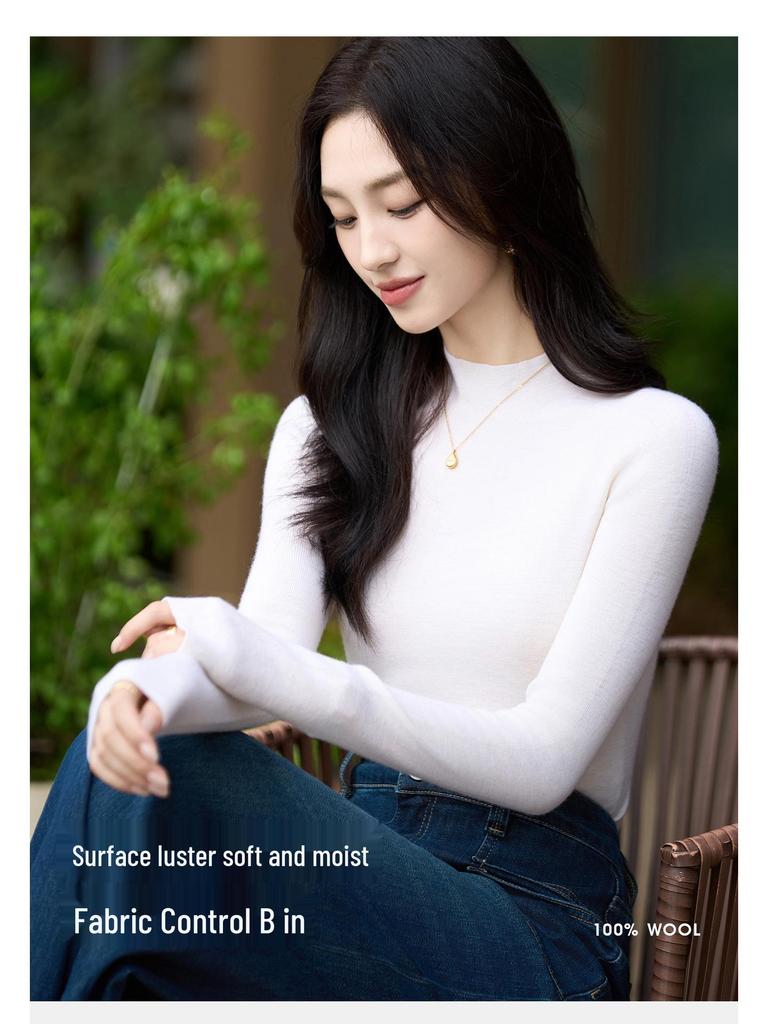 Autumn Women's Half High Neck Knitted Wool Sweater - Slim Fit, Long Sleeve, Plus Size, Elegant Top