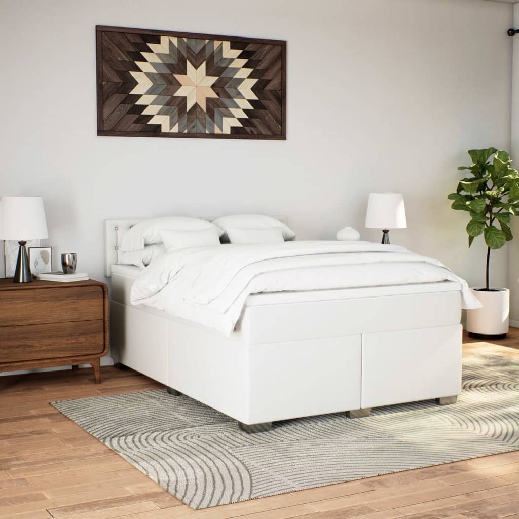 Box Spring Bed with Mattress White 140 x 190 cm Faux Leather