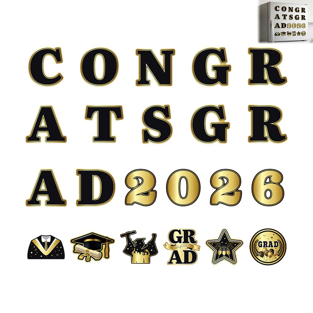22Pcs Black-Gold Magnetic Fridge Stickers Graduation Party Decor for Classroom Refrigerator