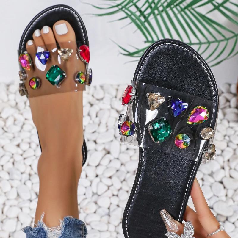 Модная женская обувь 2024 года, новые женские тапочки с открытым носком, летние, со стразами, прозрачные, сплошная подошва, легкие, повседневные, удобные тапочки