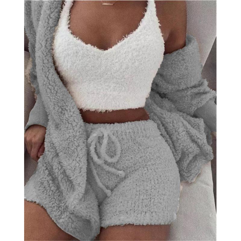 Women's Winter Plush Home Clothes Casual 2-Piece Pajamas Long-Sleeved Shorts Sports Suit for Women