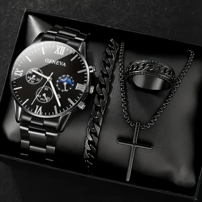 Fashion Business Geneva Calendar Watches Men's Stainless Steel Bracelet Pendant Necklace Ring Quartz Watch Set for Men