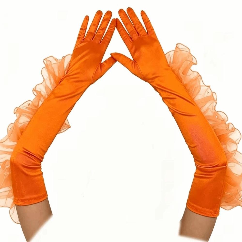 Pearl Trim Long Opera Gloves Organza Ruffle Lace Gloves Elegant Satin Gloves Wedding