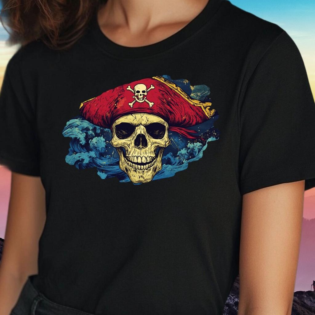 T-Shirt Frauen Nautischer Piratenschädel Motiv Baumwolle Größe S bis 3XLWird in neuem Fenster oder Tab geöffnet