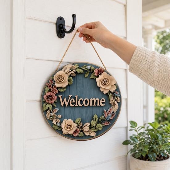 Spring Flower Wreath Welcome Sign, Independence Day Patriotic Hanging Plaque, Round Wooden Door Hanger Decoration for Indoor Outdoor