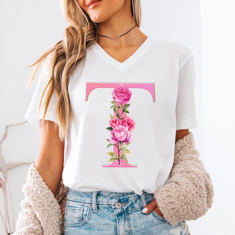 Floral Initials Unisexs Vneck Tshirt Az 26 Alphabet Fashion Casual Tops Pink Flower Short Sleeve Tee Letter S Floral Gift Top