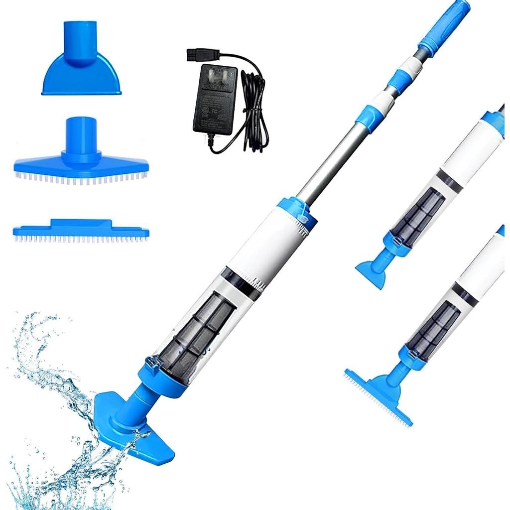3 in 1 Cordless Rechargeable Swimming Pool Vacuum Head, Telescopic Pole Handheld Pool Cleaner for Spas, Inground Pool, Above Ground Pool and Hot Tubs