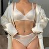 Комплект нижнего белья из французского шелка Ice Silk для женщин, сексуальный кружевной бюстгальтер Push Up, съемные подкладки, тонкие чашки, бюстгальтер, бесшовный комплект нижнего белья