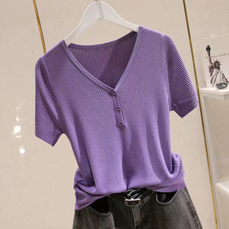 Женская вязаная футболка с коротким рукавом и V-образным вырезом из ледяного шелка, универсальный пуловер, простой топ