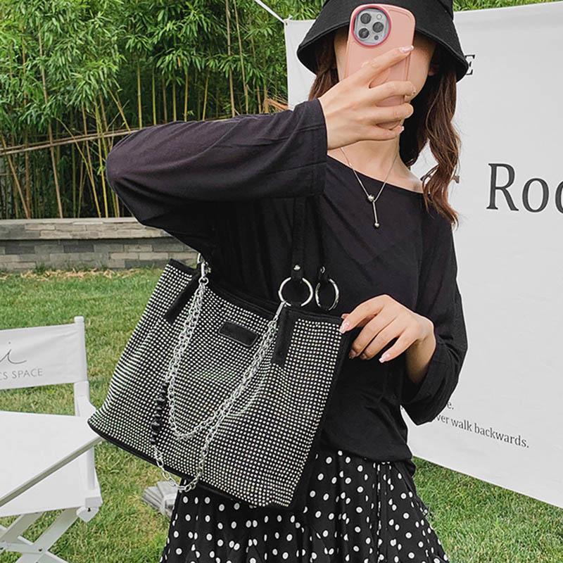 Yogodlns Luxury Rhinestone Bucket Tote Bag Women Fashion Large Capacity Handle Shopping Shoulder Bag