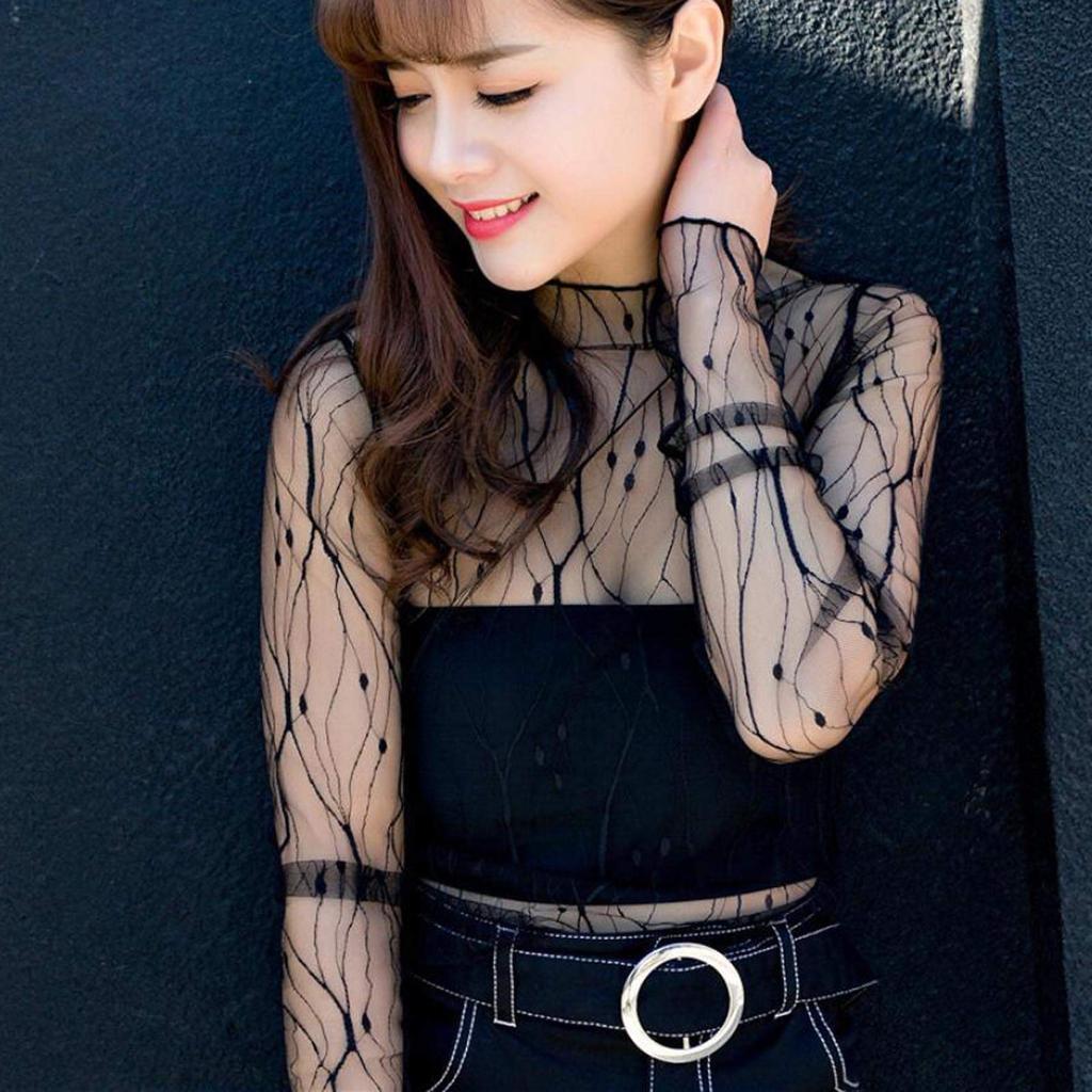 Сетчатый топ с длинными рукавами для женщин, кружевные прозрачные топы с прозрачным вырезом и цветочной вышивкой, прозрачное боди, рубашка в сетку